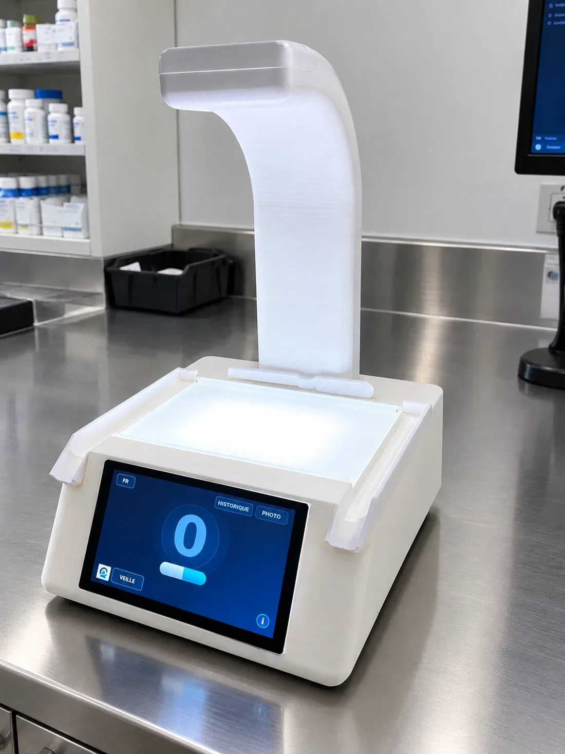 OptiCount posée sur le comptoir d'une pharmacie, devant les tablettes de fioles